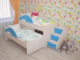 Кровать детская с лесенкой Матрешка Дуб + голубой